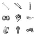 Icons of Cycling, bike. Set for bike, backpack protection, repair, form. Cyclist outfit icon in set collection on