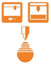 Icons of 3d printing technology, flat orange devices on white ba