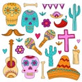 Icons of Day of the Dead, a traditional holiday in Mexico. Skulls, flowers Royalty Free Stock Photo