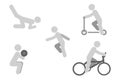 Icons of different healthy activities: running, fitness, gym, bicycle, scooter, yoga