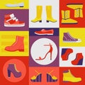 Icons of different shoes, jackboot, sneaker, boots, slipper, tile flat vector illustration. Modern fashion design store.