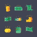 Icons of dollar banknotes with golden coins.