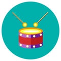 Icons drum of toys in the flat style. Vector image on a round colored background. Element of design, interface.