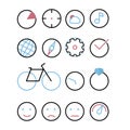 Icons with element - circle. Chart, sight, cloud and sun, music, earth, compass, cog, tick, bicycle, watch, ring with Briliant, em