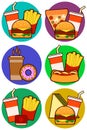 Icons of fast food combos, contains hot dog, hamburger and sandwich with fries and soda Royalty Free Stock Photo