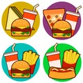 Icons of fast food combos, Set contains hot dog, hamburger and sandwich with fries and soda. Vector illustration Royalty Free Stock Photo