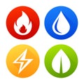 Icons fire, water, electricity and leaf vector Royalty Free Stock Photo