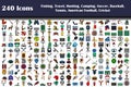 240 Icons Of Fishing, Travel, Hunting, Camping, Soccer, Baseball, Tennis, American Football, Cricket