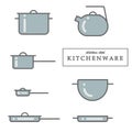 Gray elements on a white background. . Saucepan, pan, ladle, baking tray, steam burner.