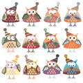 Icons in the form of colorful owls in winter hats