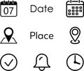 Icons in the form of date, place, check, bell ank time Royalty Free Stock Photo