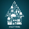 Icons of furniture and interior items in the form of a house. Vector.