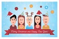 Icons of guys and girls in festive headdresses in flat design style. Merry Christmas card