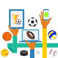 Icons of hands with phone and sports icons Royalty Free Stock Photo