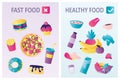 Icons of healthy food and fastfood . Healthy foods versus unhealthy. Different sweets and snacks