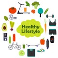 Icons of healthy food, vegetables and sports equipment for different sports. Healthy lifestyle illustration icon set. Healthy life Royalty Free Stock Photo