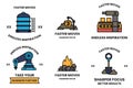 The icons include a machine, a shovel, a fire, a robot, a tank, and a drill Royalty Free Stock Photo
