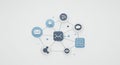 Icons are interconnected by lines, representing a network. Central icon features an Royalty Free Stock Photo