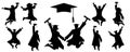 Icons of jumping silhouettes of graduates student, icon of square academic cap. Vector illustration