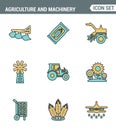 Icons line set premium quality of agriculture and machinery transportation tractor technology. Modern pictogram collection flat