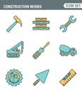 Icons line set premium quality of construction works on site and building tools. Modern pictogram collection flat design style. Royalty Free Stock Photo