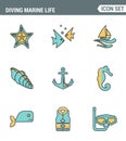 Icons line set premium quality of diving marine life activity sea tropical summer diver equipment. Modern pictogram collection Royalty Free Stock Photo