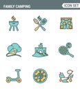 Icons line set premium quality of family camping travel summer nature cooking vacation camp. Modern pictogram collection flat Royalty Free Stock Photo