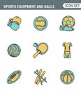 Icons line set premium quality of sports equipment and wear, various type balls. Modern pictogram collection flat design style Royalty Free Stock Photo