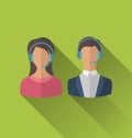 Icons of male and female avatars for operators call center or support service, modern flat style with long shadows