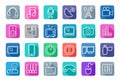 Icons media, white outline, communication, computer, colored background, shadow.