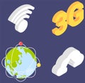 Icons for mobile devices set. Basic gadget functions. Social media signs 3G, wi fi, cloud storage Royalty Free Stock Photo