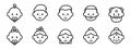 Icons of people of different ages, from infant to elderly, male and female. Life cycle from birth to old age. Baby