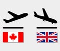 icons plane departure from Canada and upon arrival in UK. aircraft with flags of different countries. concept of international