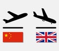 icons plane departure from China and upon arrival in UK. aircraft with flags of different countries. concept of international Royalty Free Stock Photo