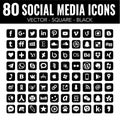 80 Vector Square black Social Media Icons with rounded corners for graphic design and web design Royalty Free Stock Photo