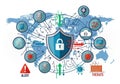 Icons represent threats and security elements: servers, viruses, Royalty Free Stock Photo