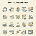 Icons represent various digital marketing concepts. Includes elements like a
