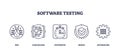 Icons representing bug, code review, stopwatch, shield, and automation in...
