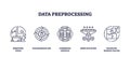 Icons representing data preprocessing steps, removing noise, standardization, combining sources,...