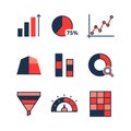 Icons representing data visualization tools in red, navy blue, and light pink Royalty Free Stock Photo