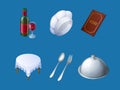 Icons of restaurant menu, chef hat, tray and wine