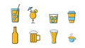 Icons set of alcoholic and non-alcoholic drinks bottles and mugs of tea coffee beer cocktails and whiskey vodka with ice