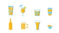 Icons set of alcoholic and non-alcoholic drinks bottles and mugs of tea coffee beer cocktails and whiskey vodka with ice Royalty Free Stock Photo