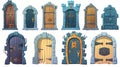 Icons set for ancient doors, cartoon medieval castle wooden entryways with stone door jambs. Fairytale palace vintage Royalty Free Stock Photo