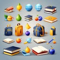 icons set for back-to-school learning and online education banners - school bag, notebook, writing tools, and more - creating a