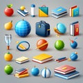 icons set for back-to-school learning and online education banners - school bag, notebook, writing tools, and more - creating a