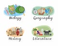 Icons set of educational disciplines. Biology, Geography, History, Literature for the school