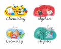 Icons set of educational disciplines. Chemistry, Algebra, Geometry, Physics for