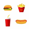 Icons set Fast Food. Hamburger, Hot Dog, French Fries, Soda. Royalty Free Stock Photo