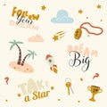 Icons Set Follow Dream, Take Star from Sky. Creative Pattern with Palm Trees, Winner Medal and Bunch of Keys Gold Goblet